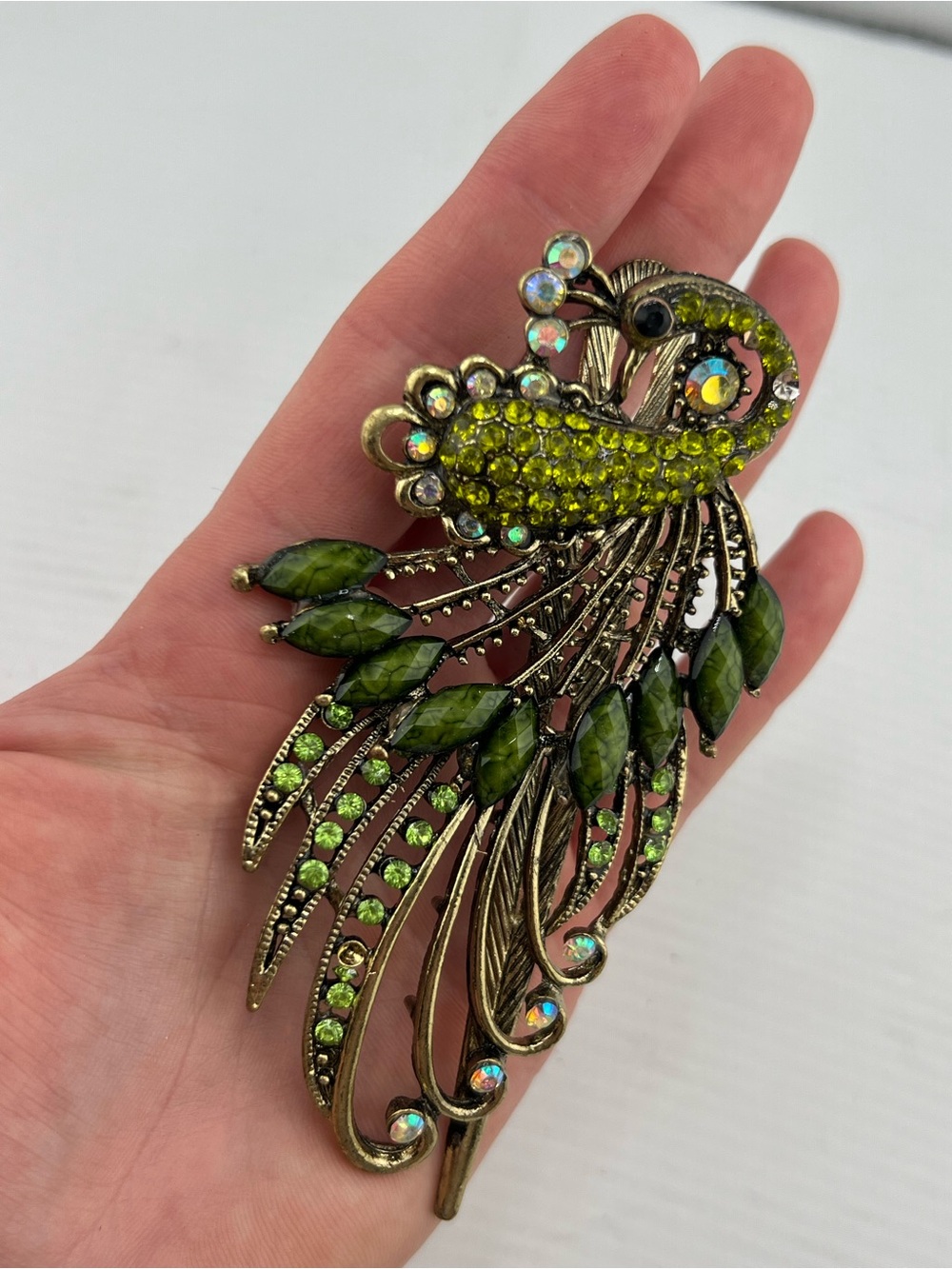 🎁Retro Style Peacock Rhinestone Hair Clip For Women Alloy Olive Green - Picture 7 of 12
